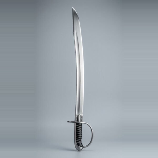 Stirrup hilt sabre trainer with a single D shaped knuckle bow, one quillon, wire over leather grip and a backstrap cap shown against a plain studio backdrop
