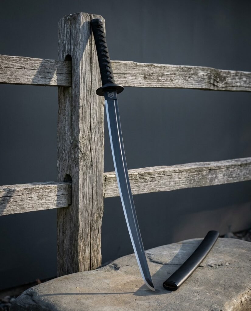 Straight bladed blackened ninjato with a square guard and black cord wrapped handle standing against a weathered timber fence post beside its black lacquered saya