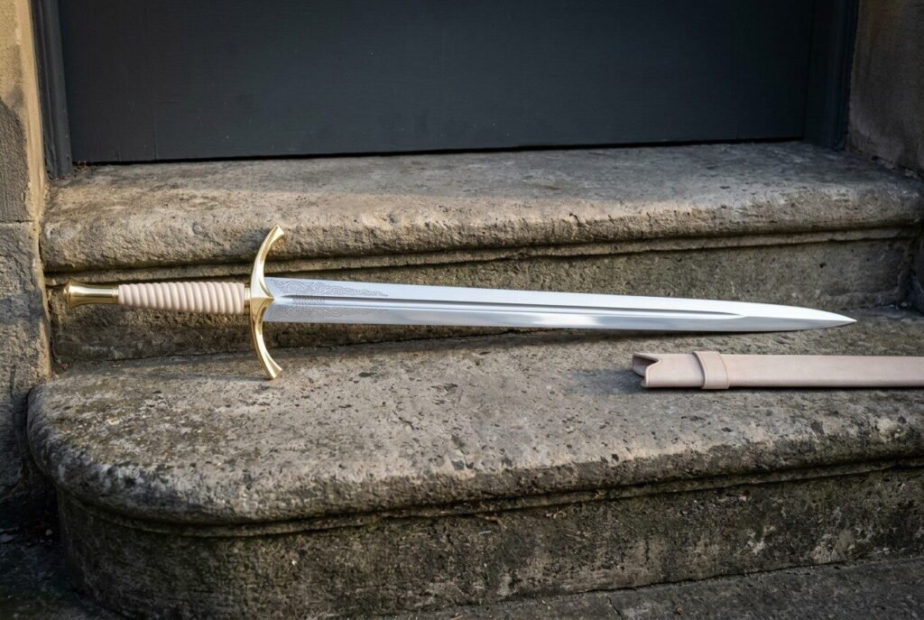 Straight bladed hand forged fantasy arming sword with a brass cross hilt and pale leather grip lying on stone steps beside a matching cream leather scabbard