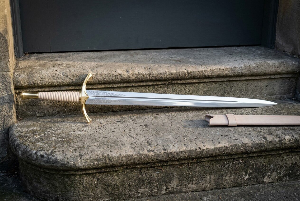 Straight bladed hand forged fantasy arming sword with a brass cross hilt and pale leather grip lying on stone steps besi Straight bladed hand forged fantasy arming sword with a brass cross hilt and pale leather grip lying on stone steps beside a matching cream leather scabbard