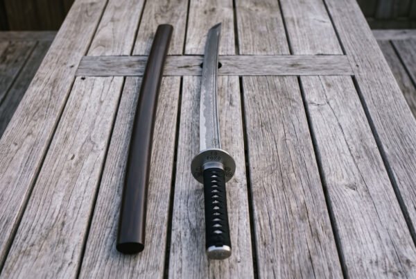 Straight bladed ninjato sword seen from above on grey decking beside its plain wooden scabbard, layered Damascus steel running from the chisel tip to the round guard