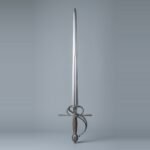 Swept hilt sidesword trainer with a side ring, counterguard bar, brass wire wound grip and olive pommel set against a plain grey studio backdrop