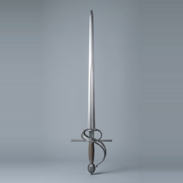 Swept hilt sidesword trainer with a side ring, counterguard bar, brass wire wound grip and olive pommel set against a plain grey studio backdrop
