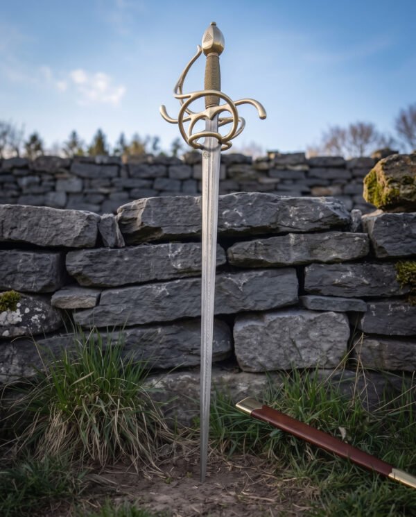 Swept hilt sword standing point down in grass before a dry stone wall and open sky, brass toned knuckle bow and side rings above a wild pattern Damascus blade