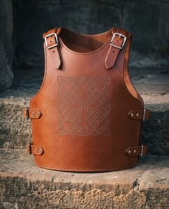 Tan leather armor cuirass with an engraved Celtic knotwork panel, buckled shoulder straps and four side buckles, propped on a stone ledge outdoors.