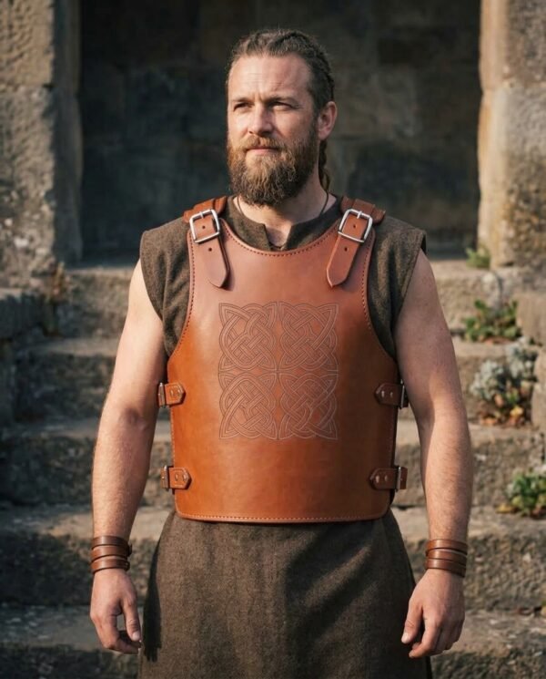 Tan leather cuirass with an embossed Celtic knotwork chest panel and buckled shoulder straps worn by a bearded man on stone steps