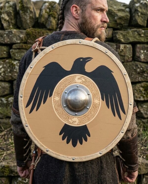 Tan planked round shield with black raven and steel boss slung on the back of a bearded man with braided hair in a grey wool tunic