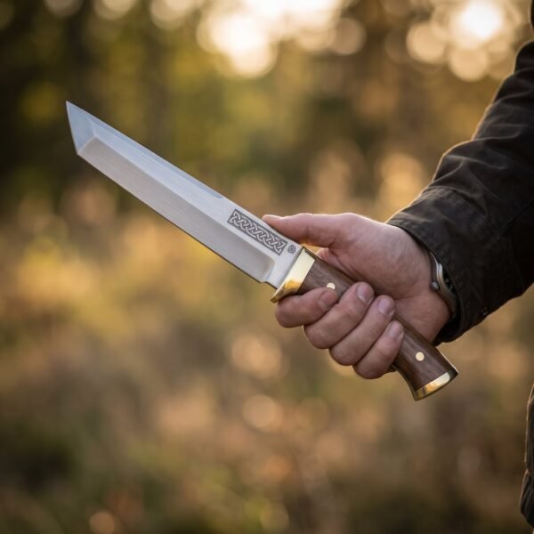 Tanto knife with satin steel blade, etched knotwork panel, brass bolster and rosewood handle held in a hand outdoors