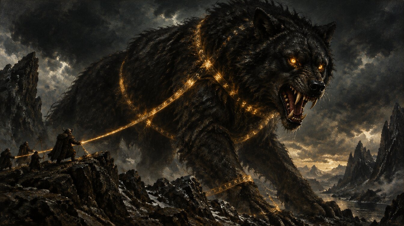 The great wolf Fenrir bound by the dwarven ribbon Gleipnir snarling against a stormy sky