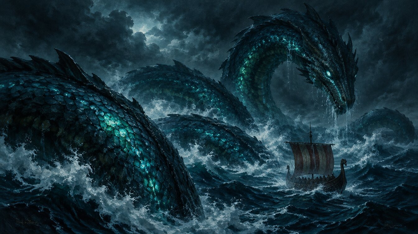 The Midgard Serpent Jormungandr coiling through dark ocean waters dwarfing a Viking longship