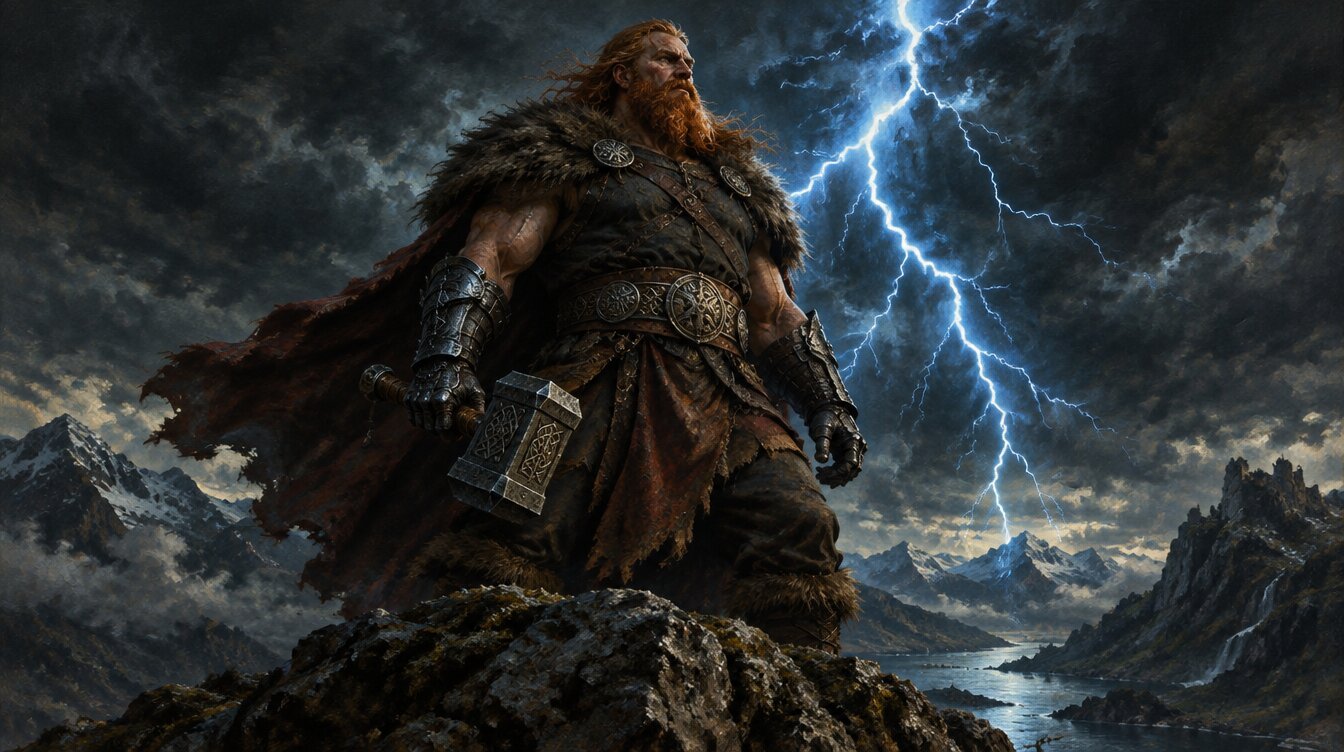 Thor the Norse thunder god wielding his hammer in a storm