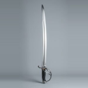 Three bar hilt sabre trainer with a curved single edged blade, wire over leather grip and a backstrap cap shown against a plain studio backdrop