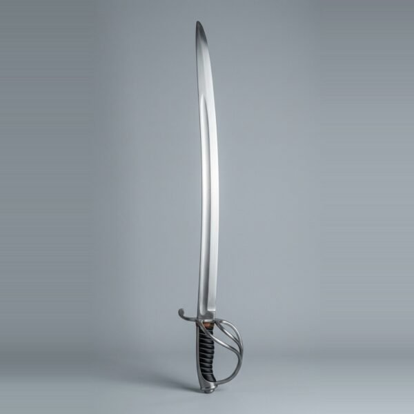 Three bar hilt sabre trainer with a curved single edged blade, wire over leather grip and a backstrap cap shown against a plain studio backdrop