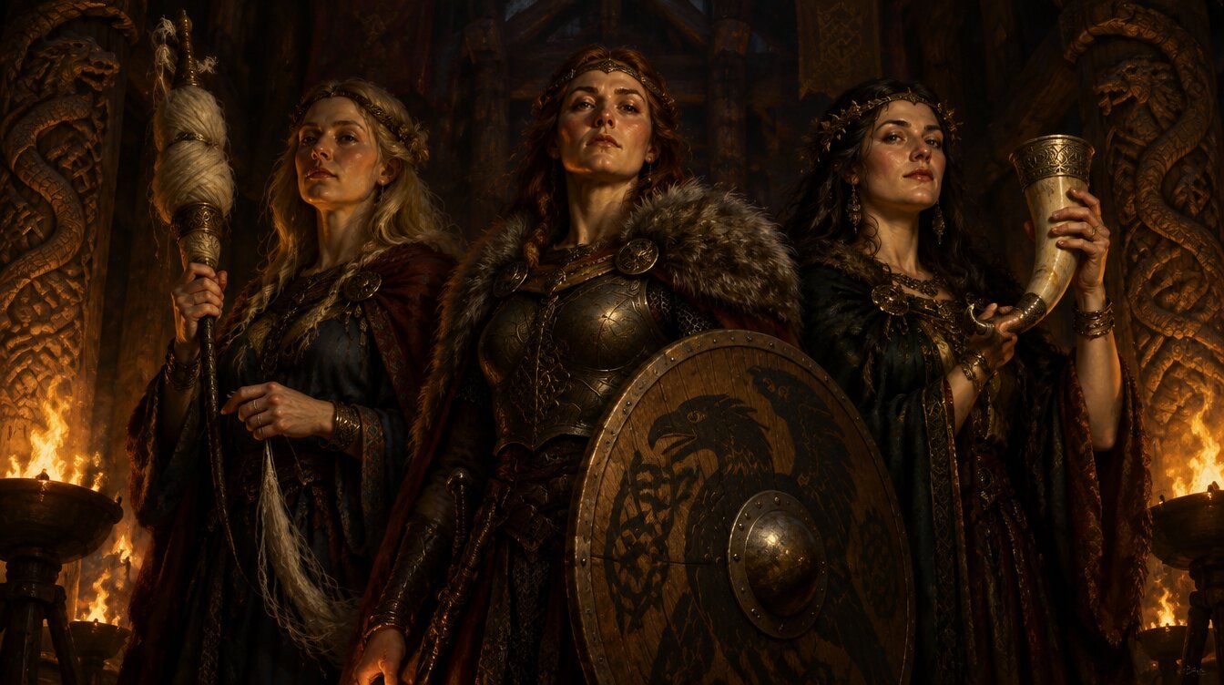 Three Norse goddesses standing in a grand timber hall lit by torchlight