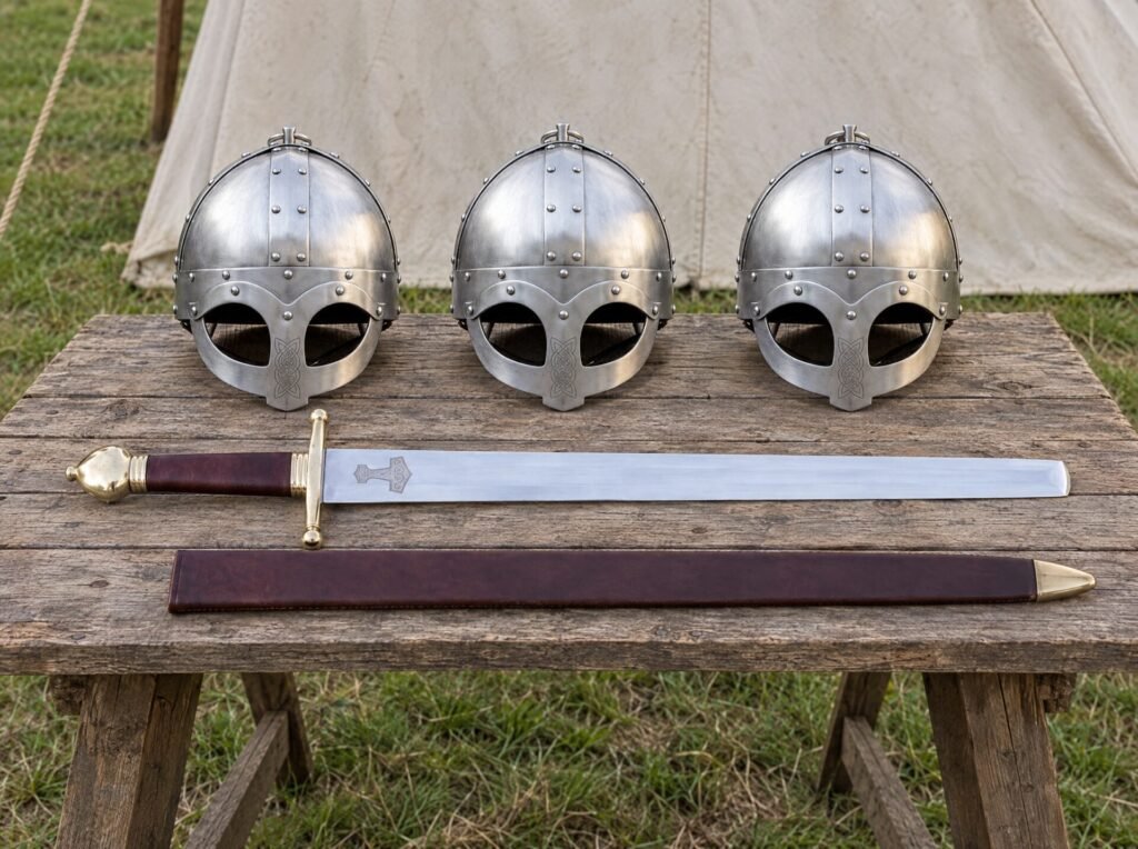 Three steel Viking spectacle helmets on a trestle table with an arming sword and leather scabbard in front of a canvas tent