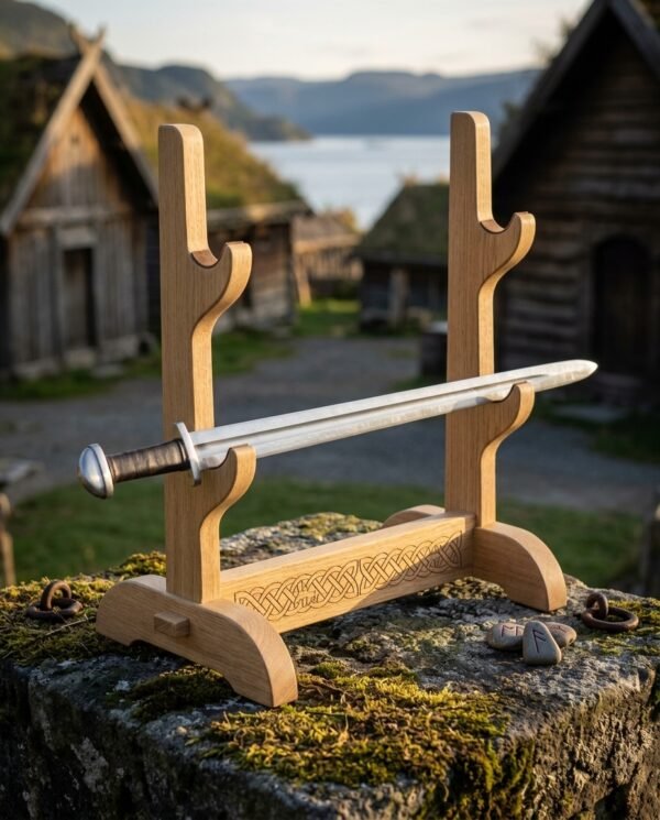 Three tier oak sword display stand with knotwork engraved crossbar holding a sword on a mossy wall in front of turf roofed houses