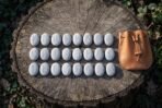 Top view of twenty four white rune stones in three rows next to a tan leather pouch on a cut tree stump