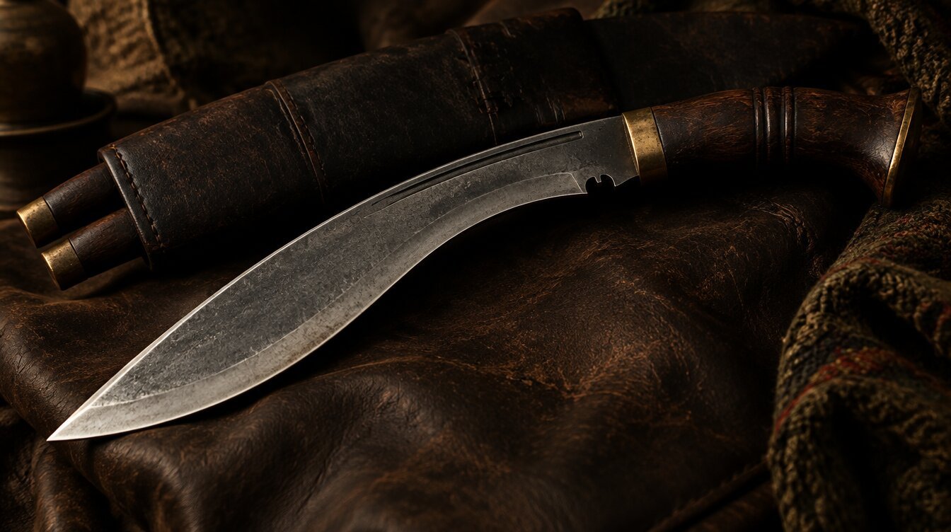 Traditional kukri knife with its distinctive inward curving blade on dark leather
