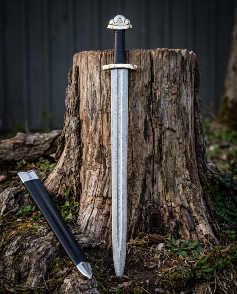 Triquetra damascus sword with a pattern welded Viking blade, three lobed pommel and black leather grip standing against a weathered tree stump