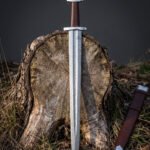 Trinefold Hand Forged Damascus Viking Sword with Triquetra Lobed Pommel | Five Lobe Steel Hilt | Brown Leather Grip and Mounted Scabbard | Celtic Collector Gift | RK-2055