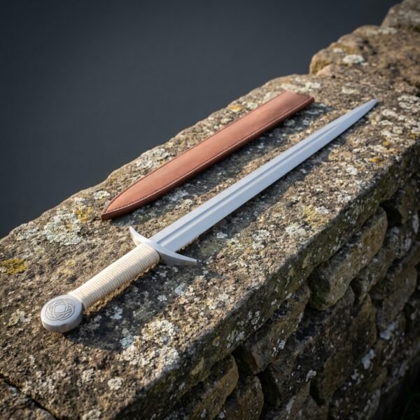 Triquetra short sword in satin 1095 steel with a cream cord bound grip and engraved disc pommel laid across a lichen spotted drystone wall with a tan scabbard