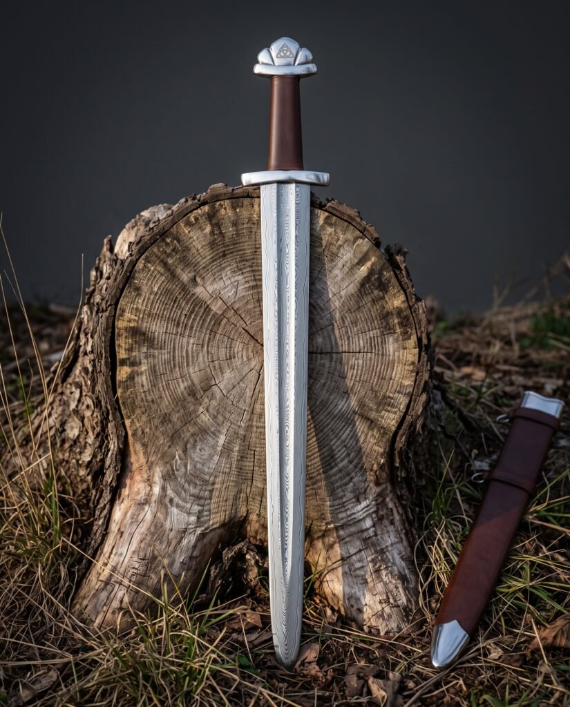 Triquetra Viking sword with a five lobed steel pommel and brown leather grip standing on a cut oak stump, its Damascus blade beside a brown leather scabbard