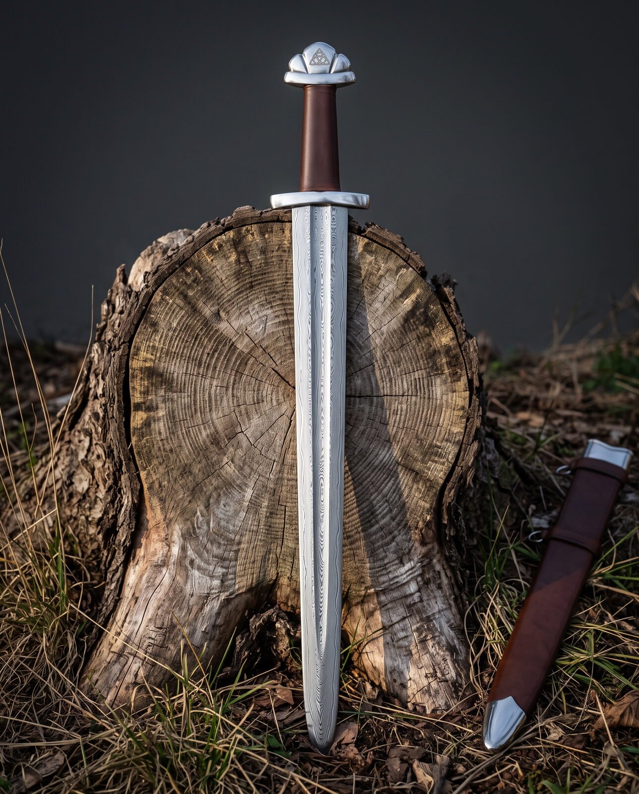 Triquetra Viking sword with a five lobed steel pommel and brown leather grip standing on a cut oak stump, its Damascus b Triquetra Viking sword with a five lobed steel pommel and brown leather grip standing on a cut oak stump, its Damascus blade beside a brown leather scabbard
