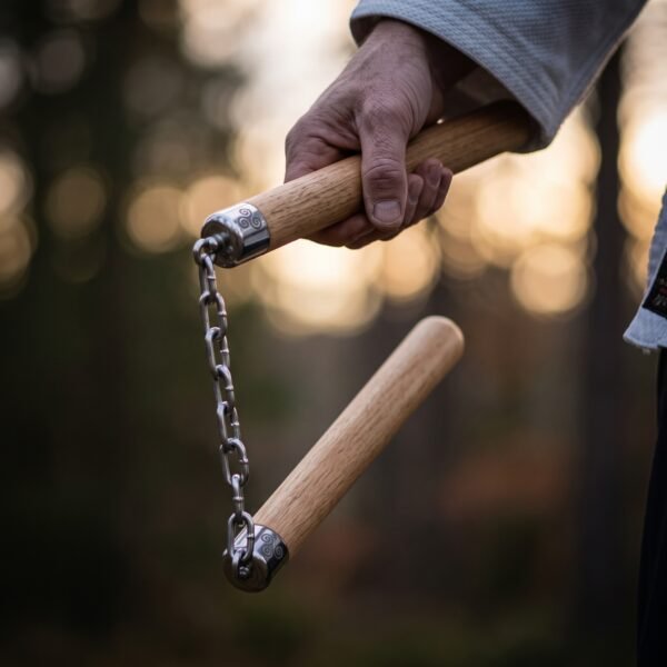 Pair of turned oak nunchaku batons with polished steel chain and engraved end caps held in one hand at sunset, close up
