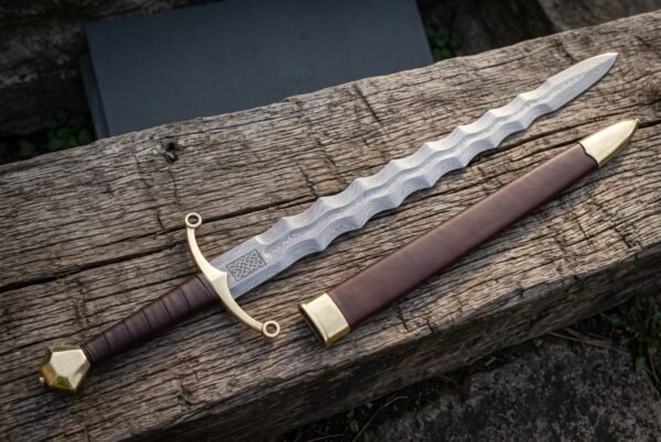 Twenty inch flame profile Damascus blade above a brass crossguard finished with ring finials
