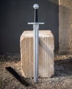 Twenty nine inch Damascus blade under a broad plate guard, black leather grip behind it