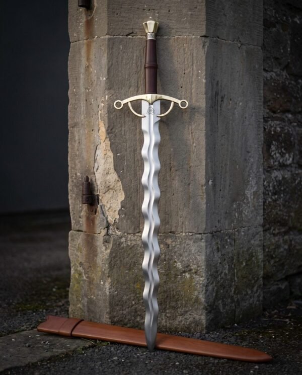 Twenty six inch flame blade with matched waves ground into both edges, satin finished