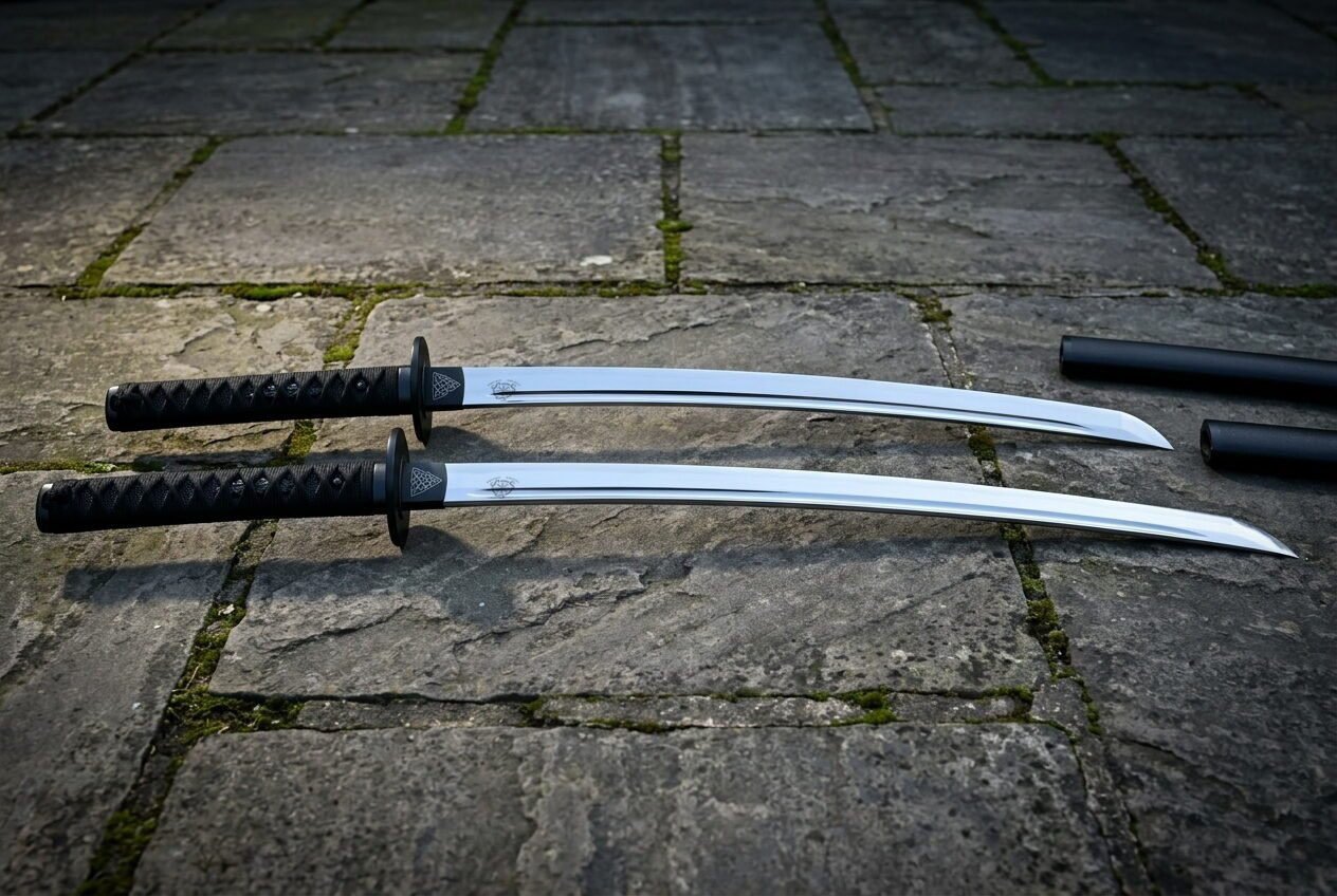 Twin ninjato set laid side by side on stone paving with black scabbards behind, showing the cord wrapped handles, round Twin ninjato set laid side by side on stone paving with black scabbards behind, showing the cord wrapped handles, round iron tsuba and Valknut etched blade roots.