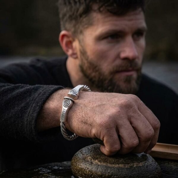 Twisted silver finish arm ring with spiral terminals and engraved runes worn on a bearded man's wrist as he leans on a rock