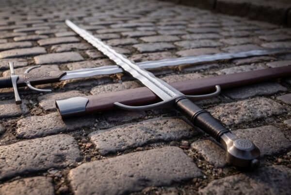 Two handed black leather wrap over raised cord risers, teardrop pommel engraved with a rosette