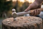 Two hands holding a ball pein hammer with polished head and rune lined shank level on top of a chopping stump