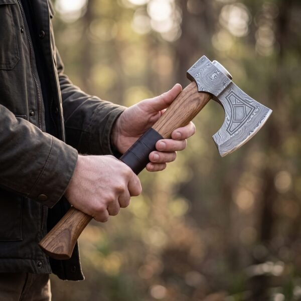 Two hands holding a Damascus bearded axe with walnut haft and black leather wrap in an autumn woodland