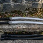 Duskcairn Hand Forged Twin Sword Set with Knotwork Engraved Fittings | Two Swords and Two Cord Wrapped Scabbards | Black Ito Wrapped Tsuka | Martial Arts Display Gift | RK-1825
