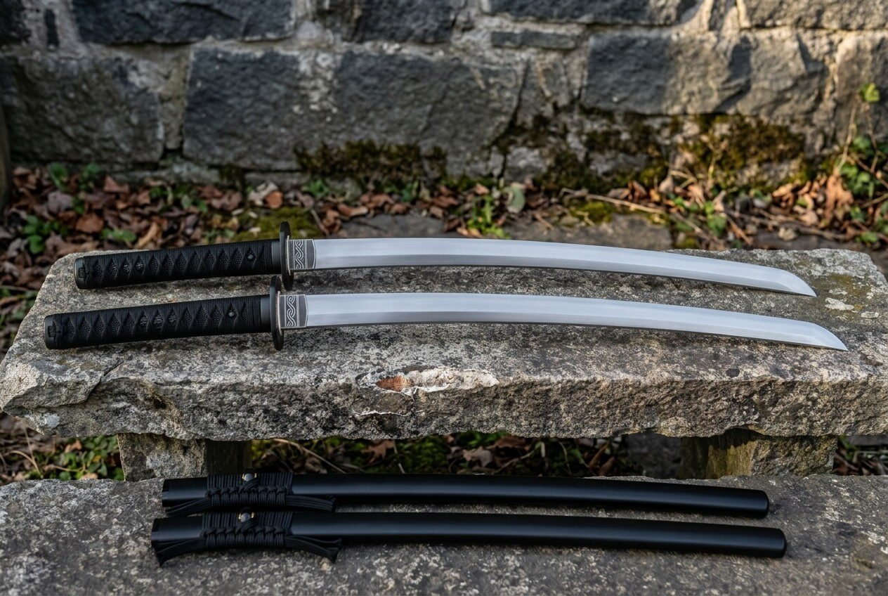 Two matched hand forged swords with knotwork engraved fittings and black cord wrapped handles resting on a stone bench a Two matched hand forged swords with knotwork engraved fittings and black cord wrapped handles resting on a stone bench above two cord wrapped black scabbards