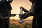 Two men in dark clothing passing a fullered Norse sword with lobed pommel between gloved hands at sunrise