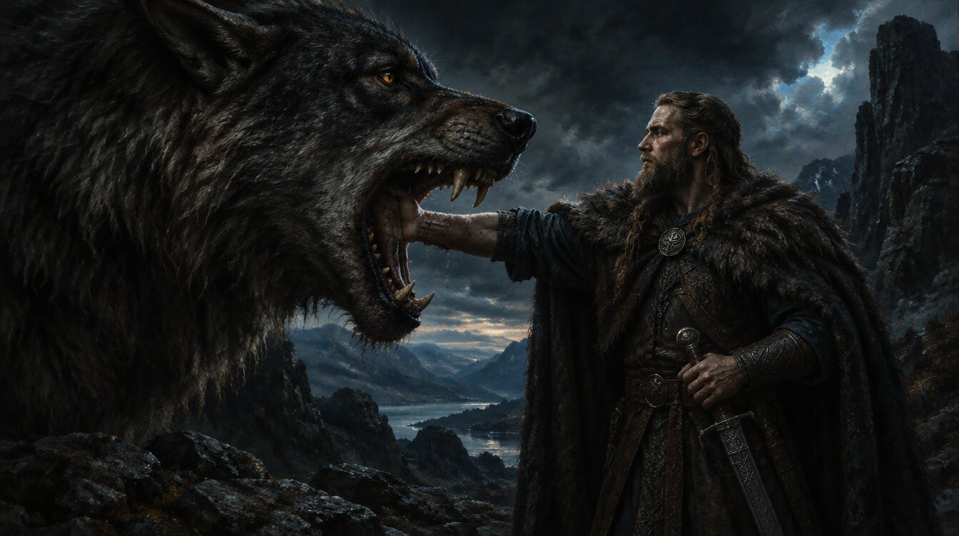 Tyr the Norse god of war extending his hand into the jaws of a massive wolf