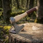 Upright Damascus bearded axe with rune border and leather wrapped ash handle standing on a woodland stump