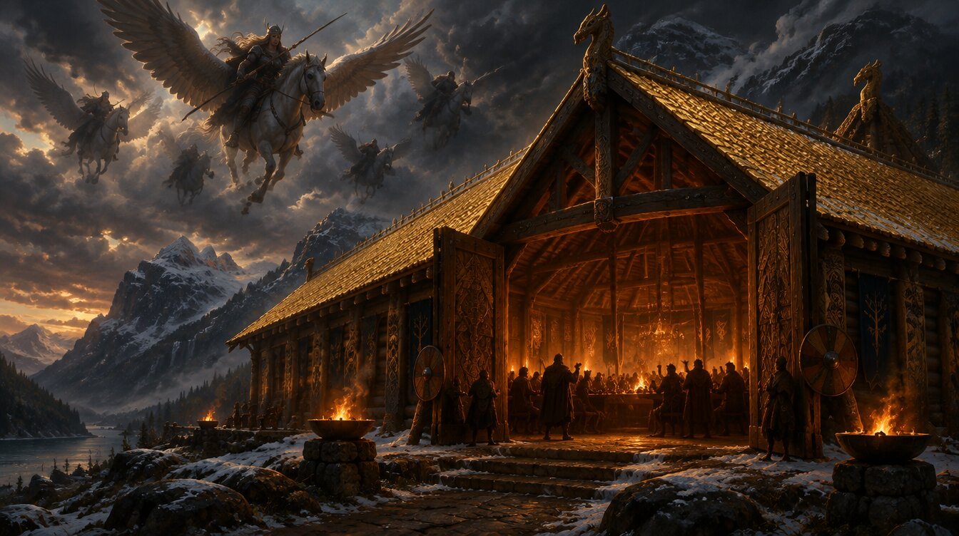 Valhalla the great hall of the slain with Valkyries descending at twilight