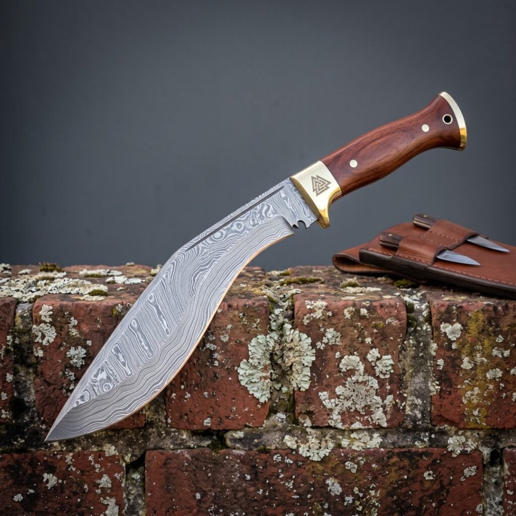 Valknut damascus kukri with rosewood scales and a brass bolster resting on a lichen covered brick wall beside its brown leather sheath and two companion blades.