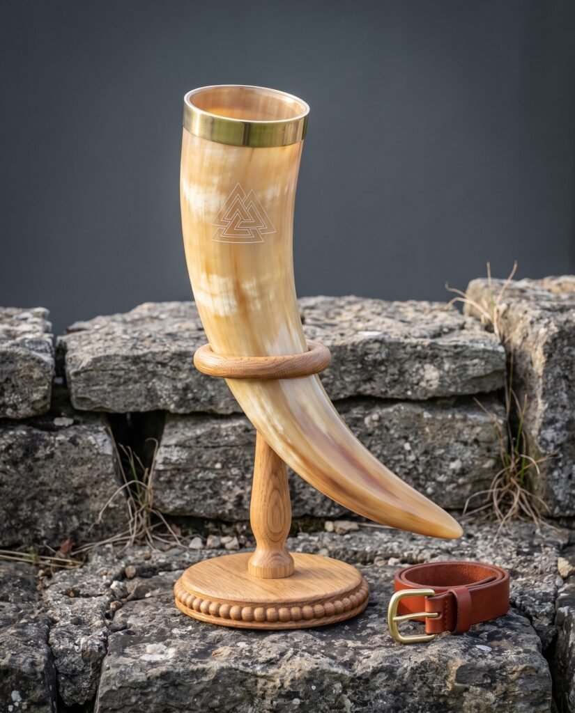 Valknut drinking horn in pale honey ox horn with a solid brass rim band, held in a turned oak ring stand beside a tan leather belt