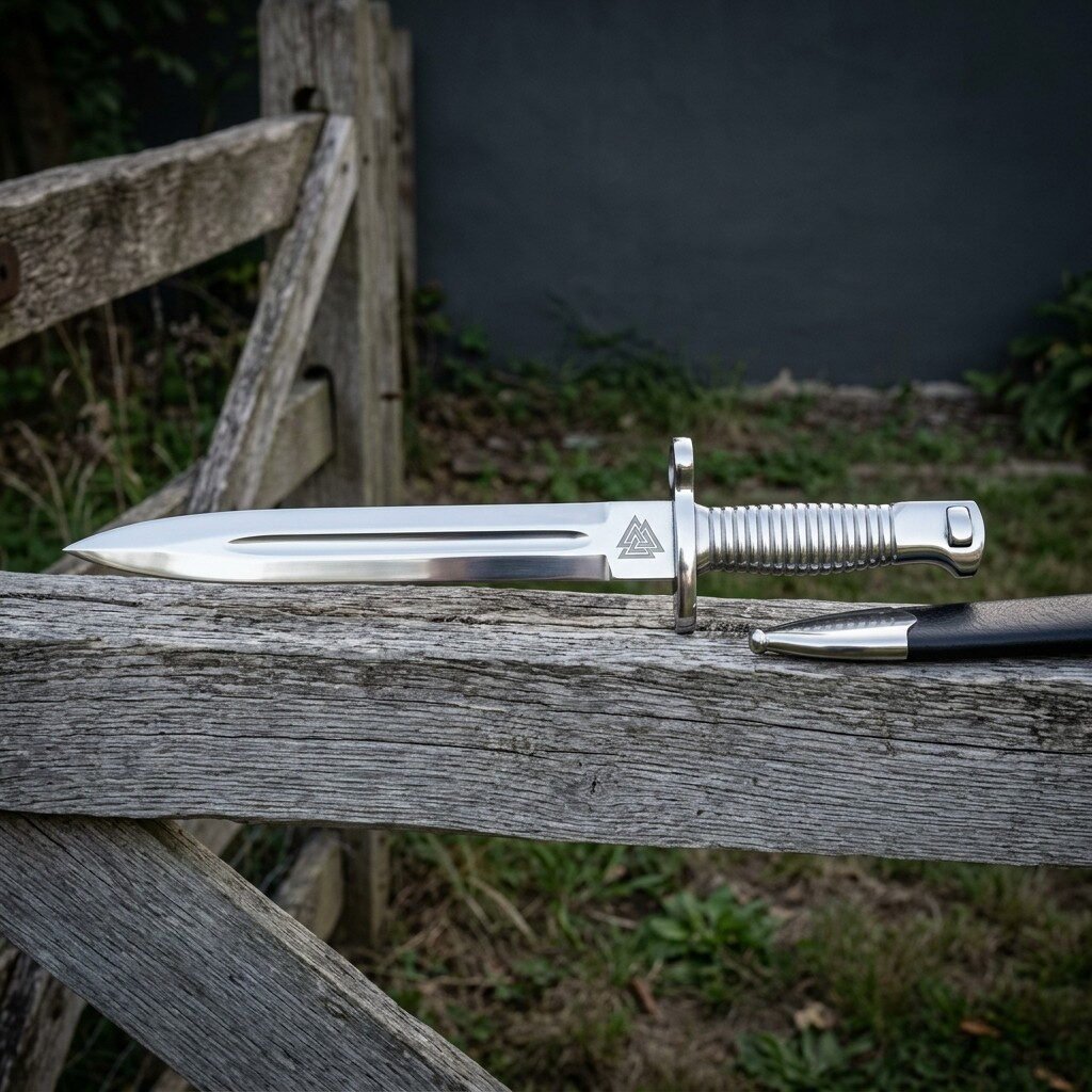 Valknut etched Viking bayonet in polished 1095 steel with a ribbed steel grip and muzzle ring guard resting on a weather Valknut etched Viking bayonet in polished 1095 steel with a ribbed steel grip and muzzle ring guard resting on a weathered timber gate rail in a green field