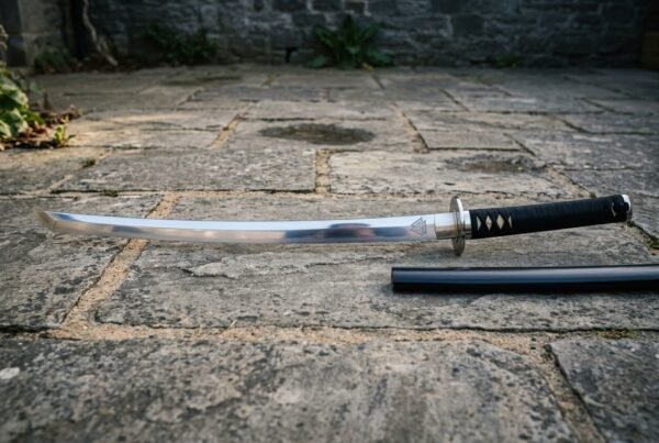 Valknut katana with three interlocked triangles etched at the blade base, a polished steel tsuba and black cord over white rayskin resting on grey stone paving