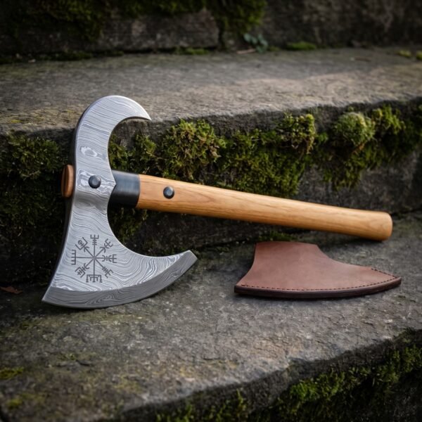 Vegvisir damascus axe with an open crescent bearded head, hooked horn and pale ash haft leaning on mossy stone steps beside its brown leather blade mask