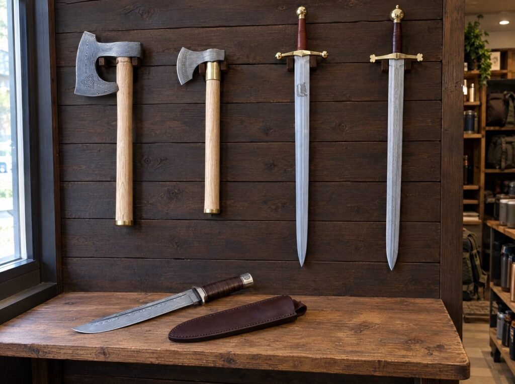 Viking axes and Damascus swords hung on a dark wooden shop wall above a Damascus knife and leather sheath on a shelf