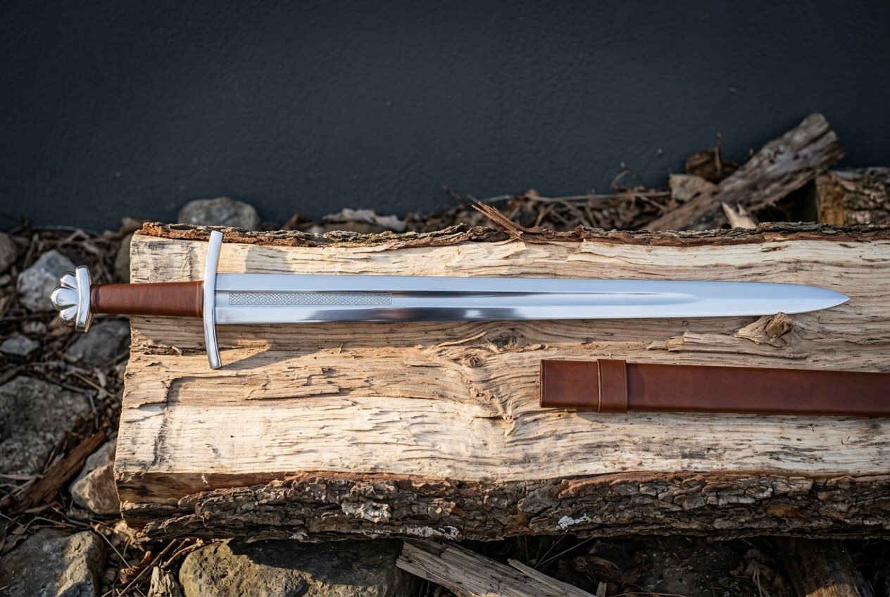 Viking battle sword in hand forged 1095 steel with a lobed pommel and etched knotwork fuller lying on a split log beside Viking battle sword in hand forged 1095 steel with a lobed pommel and etched knotwork fuller lying on a split log beside a brown leather scabbard