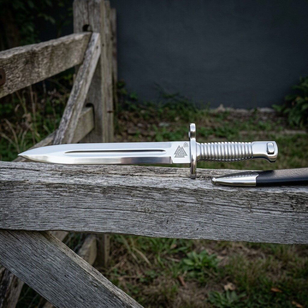 Viking bayonet with ribbed steel handle laid along a wooden fence rail, full length side view with scabbard tip in frame Viking bayonet with ribbed steel handle laid along a wooden fence rail, full length side view with scabbard tip in frame